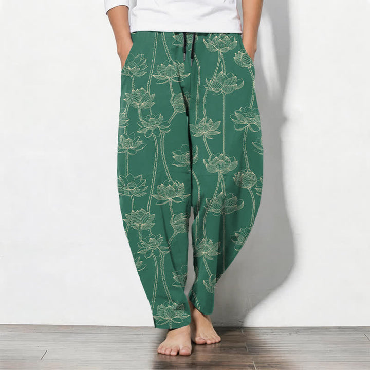 Buddha Stones Pantalones de hombre de algodón puro con estampado de loto blanco y cordón ajustable, corte cónico y bolsillos. - Verdemar - US/UK/AU50, EU60 (5XL) - image 11