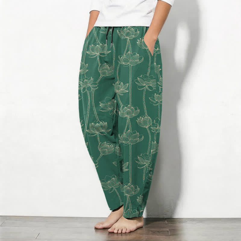 Buddha Stones Pantalones de hombre de algodón puro con estampado de loto blanco y cordón ajustable, corte cónico y bolsillos. - image 12