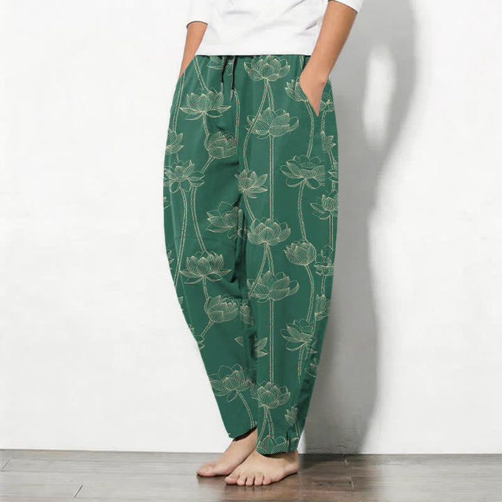 Buddha Stones Pantalones de hombre de algodón puro con estampado de loto blanco y cordón ajustable, corte cónico y bolsillos. - image 12