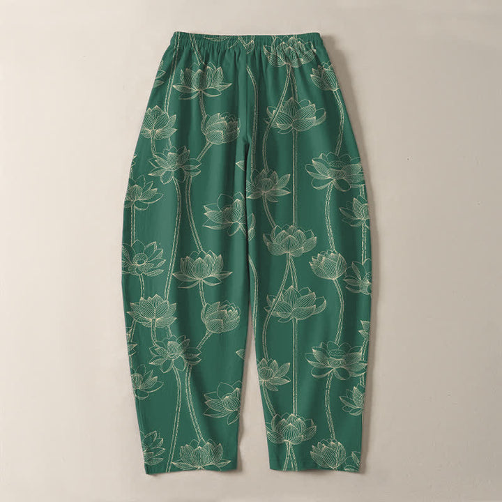 Buddha Stones Pantalones de hombre de algodón puro con estampado de loto blanco y cordón ajustable, corte cónico y bolsillos. - image 14