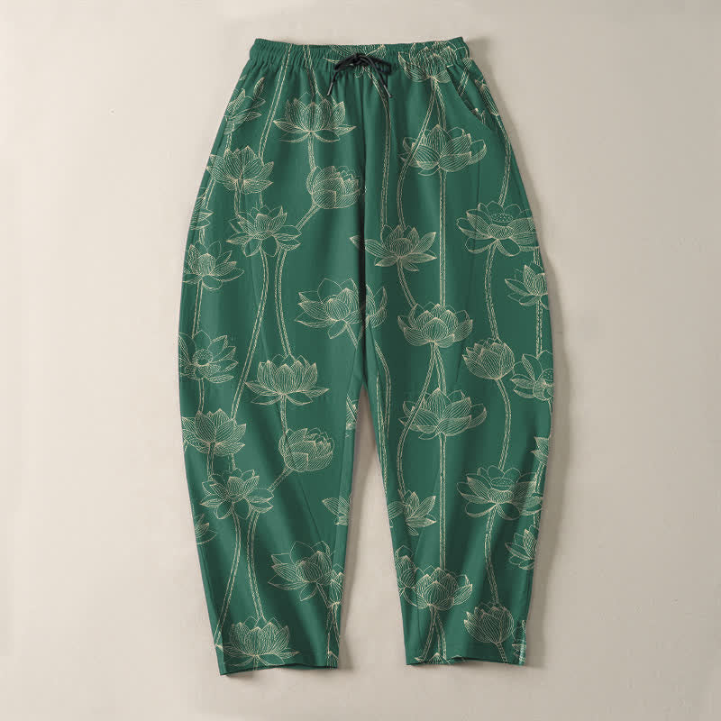 Buddha Stones Pantalones de hombre de algodón puro con estampado de loto blanco y cordón ajustable, corte cónico y bolsillos. - image 13