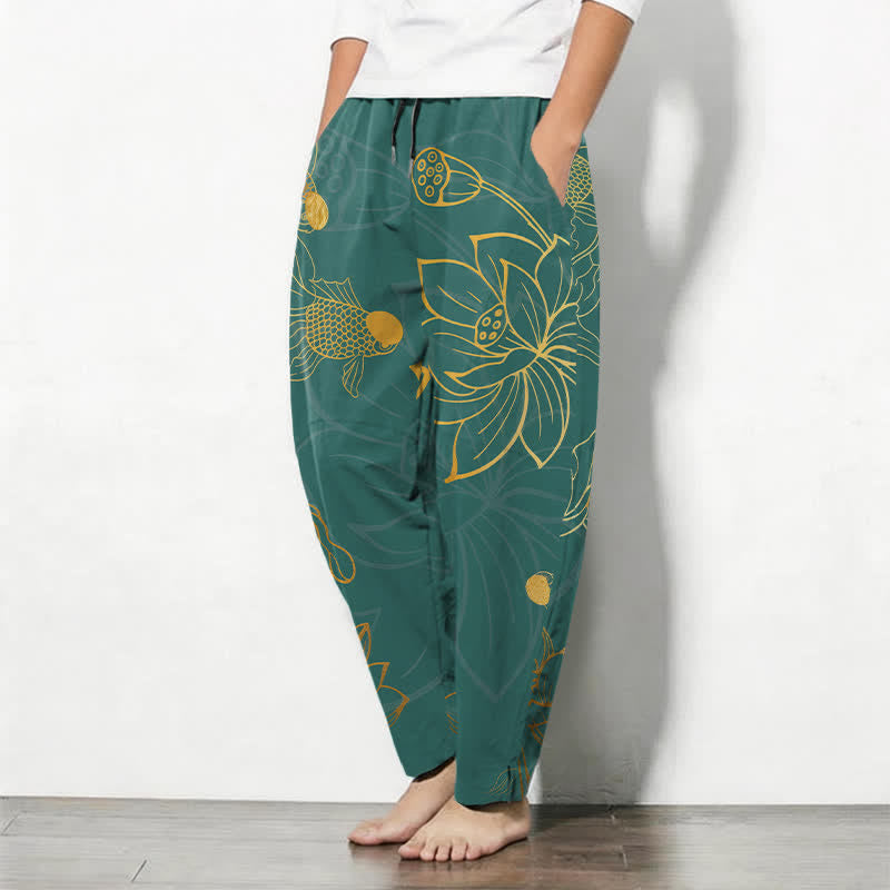 Buddha Stones Pantalones de hombre de algodón puro con estampado de loto dorado y carpas koi, con cordón ajustable y corte ajustado, y bolsillos. - image 1
