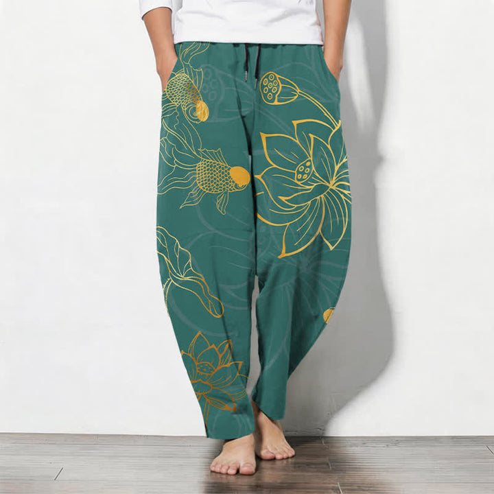 Buddha Stones Pantalones de hombre de algodón puro con estampado de loto dorado y carpas koi, con cordón ajustable y corte ajustado, y bolsillos. - Verde azulado - US/UK/AU50, EU60 (5XL) - image 0