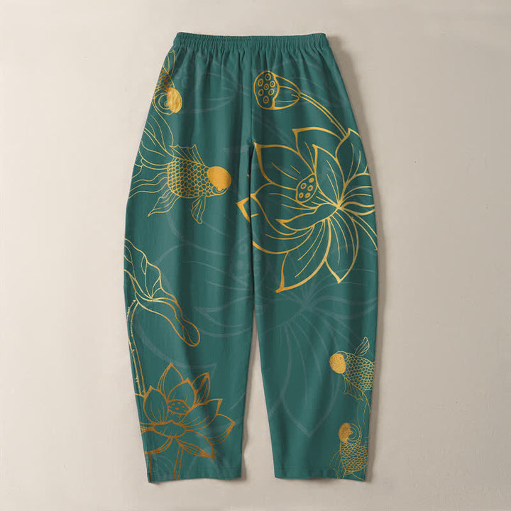Buddha Stones Pantalones de hombre de algodón puro con estampado de loto dorado y carpas koi, con cordón ajustable y corte ajustado, y bolsillos. - image 3