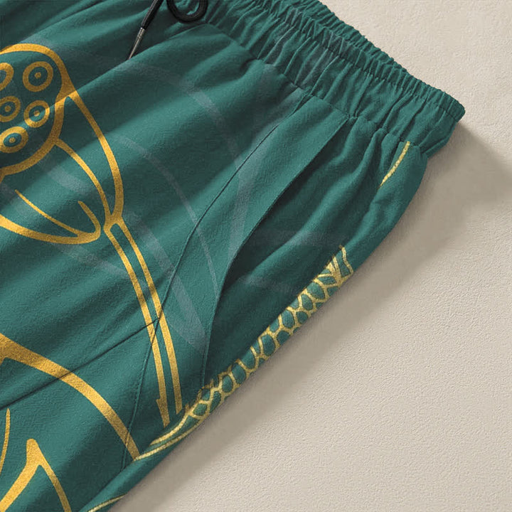 Buddha Stones Pantalones de hombre de algodón puro con estampado de loto dorado y carpas koi, con cordón ajustable y corte ajustado, y bolsillos. - image 4