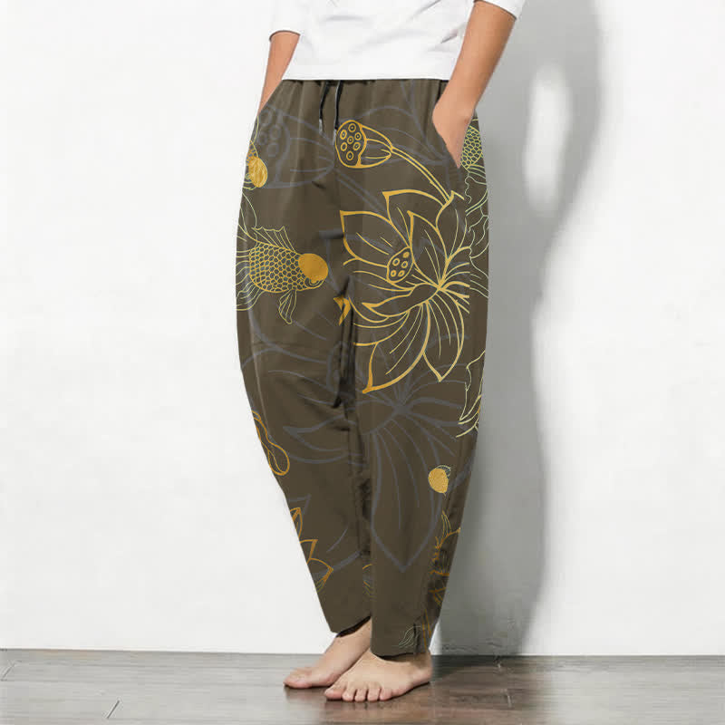 Buddha Stones Pantalones de hombre de algodón puro con estampado de loto dorado y carpas koi, con cordón ajustable y corte ajustado, y bolsillos. - image 12