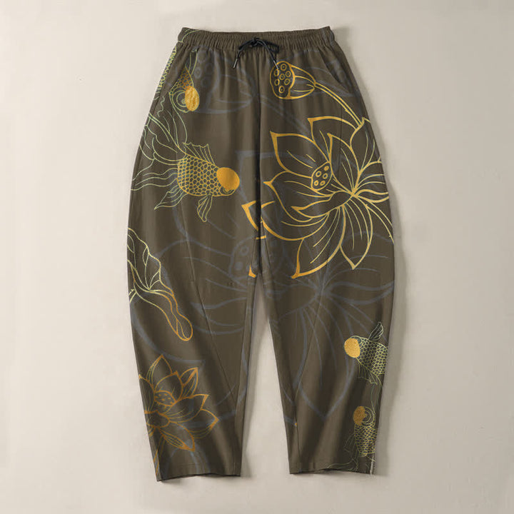 Buddha Stones Pantalones de hombre de algodón puro con estampado de loto dorado y carpas koi, con cordón ajustable y corte ajustado, y bolsillos. - image 13