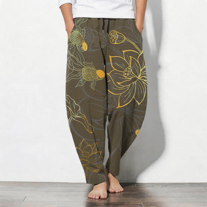 Buddha Stones Pantalones de hombre de algodón puro con estampado de loto dorado y carpas koi, con cordón ajustable y corte ajustado, y bolsillos. - Marrón silla de montar - US/UK/AU50, EU60 (5XL) - image 11