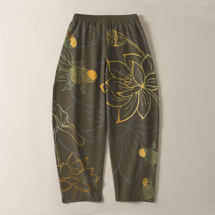 Buddha Stones Pantalones de hombre de algodón puro con estampado de loto dorado y carpas koi, con cordón ajustable y corte ajustado, y bolsillos. - image 14