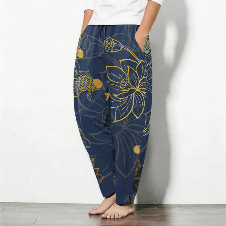 Buddha Stones Pantalones de hombre de algodón puro con estampado de loto dorado y carpas koi, con cordón ajustable y corte ajustado, y bolsillos. - image 8