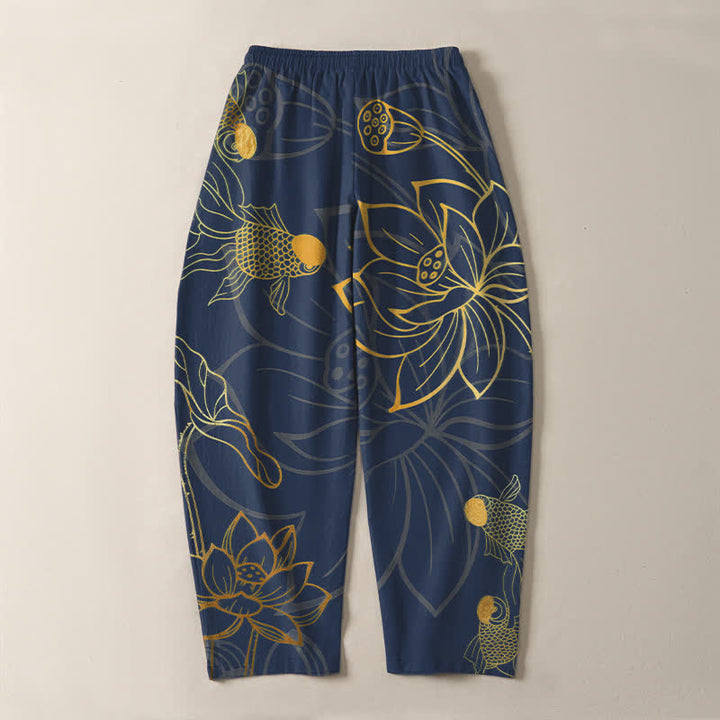 Buddha Stones Pantalones de hombre de algodón puro con estampado de loto dorado y carpas koi, con cordón ajustable y corte ajustado, y bolsillos. - image 10