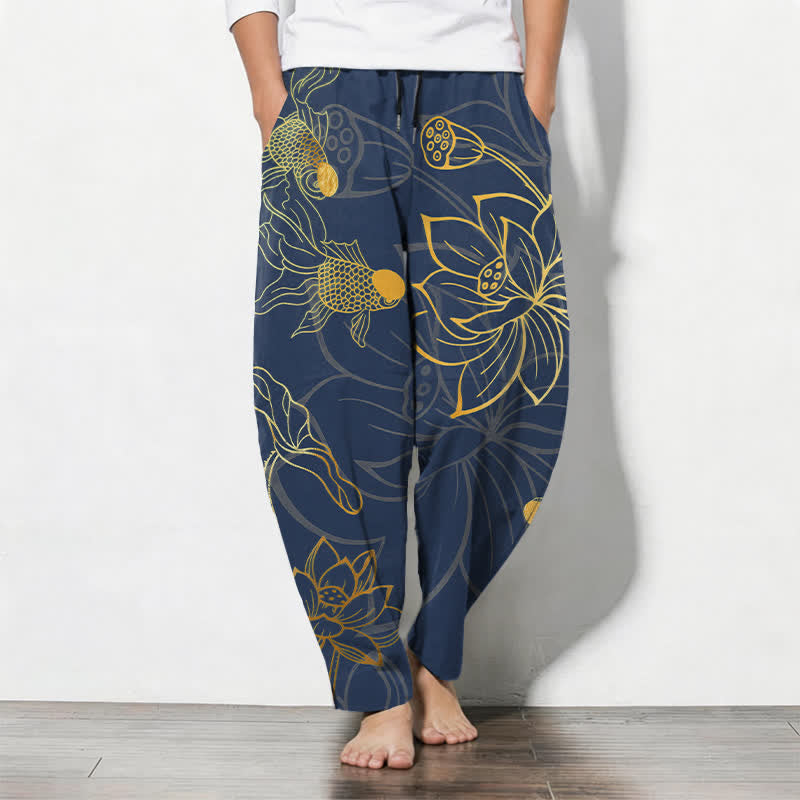Buddha Stones Pantalones de hombre de algodón puro con estampado de loto dorado y carpas koi, con cordón ajustable y corte ajustado, y bolsillos. - Marina de guerra - US/UK/AU50, EU60 (5XL) - image 7