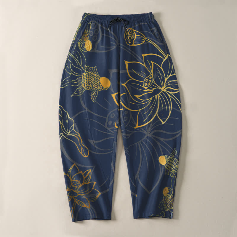 Buddha Stones Pantalones de hombre de algodón puro con estampado de loto dorado y carpas koi, con cordón ajustable y corte ajustado, y bolsillos. - image 9