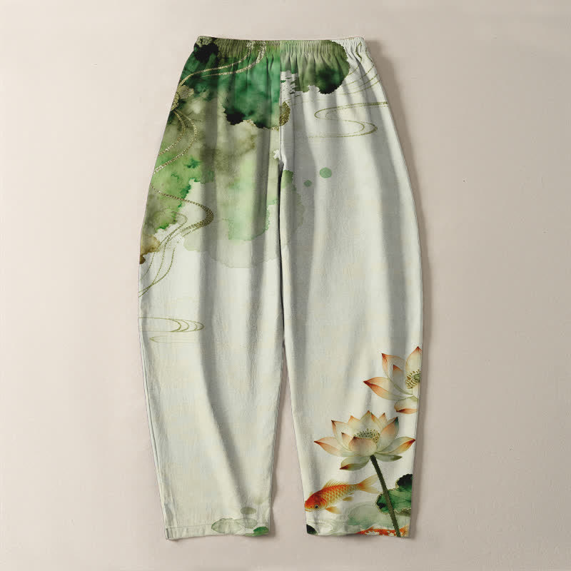 Buddha Stones Pantalones de hombre de algodón puro con estampado Lotus Koi Ink Wash, cordón ajustable y corte cónico, con bolsillos. - image 3