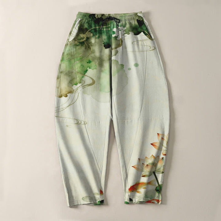 Buddha Stones Pantalones de hombre de algodón puro con estampado Lotus Koi Ink Wash, cordón ajustable y corte cónico, con bolsillos. - image 2