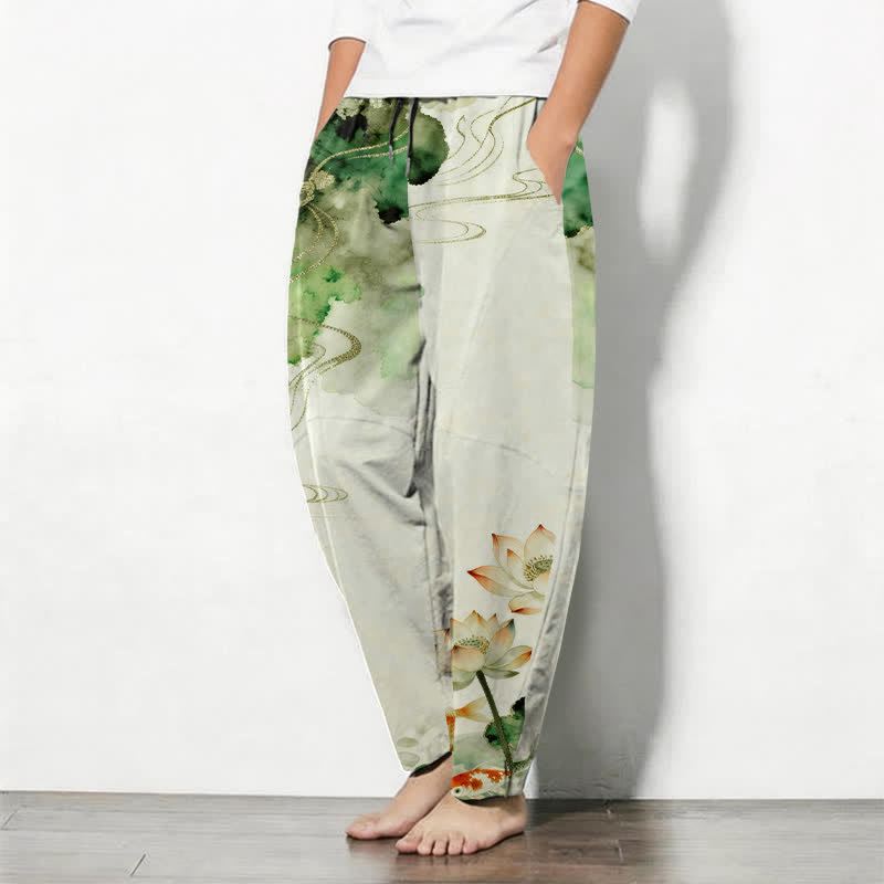Buddha Stones Pantalones de hombre de algodón puro con estampado Lotus Koi Ink Wash, cordón ajustable y corte cónico, con bolsillos. - image 1