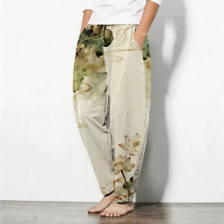 Buddha Stones Pantalones de hombre de algodón puro con estampado Lotus Koi Ink Wash, cordón ajustable y corte cónico, con bolsillos. - image 8