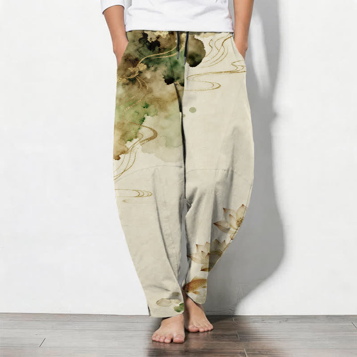 Buddha Stones Pantalones de hombre de algodón puro con estampado Lotus Koi Ink Wash, cordón ajustable y corte cónico, con bolsillos. - Beige - US/UK/AU50, EU60 (5XL) - image 7