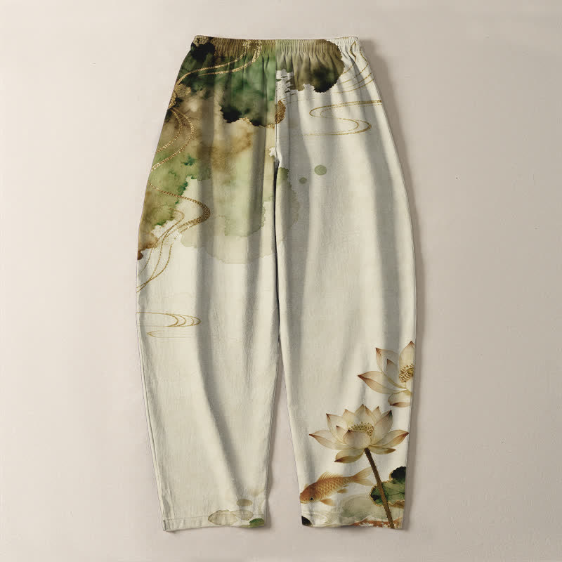Buddha Stones Pantalones de hombre de algodón puro con estampado Lotus Koi Ink Wash, cordón ajustable y corte cónico, con bolsillos. - image 10