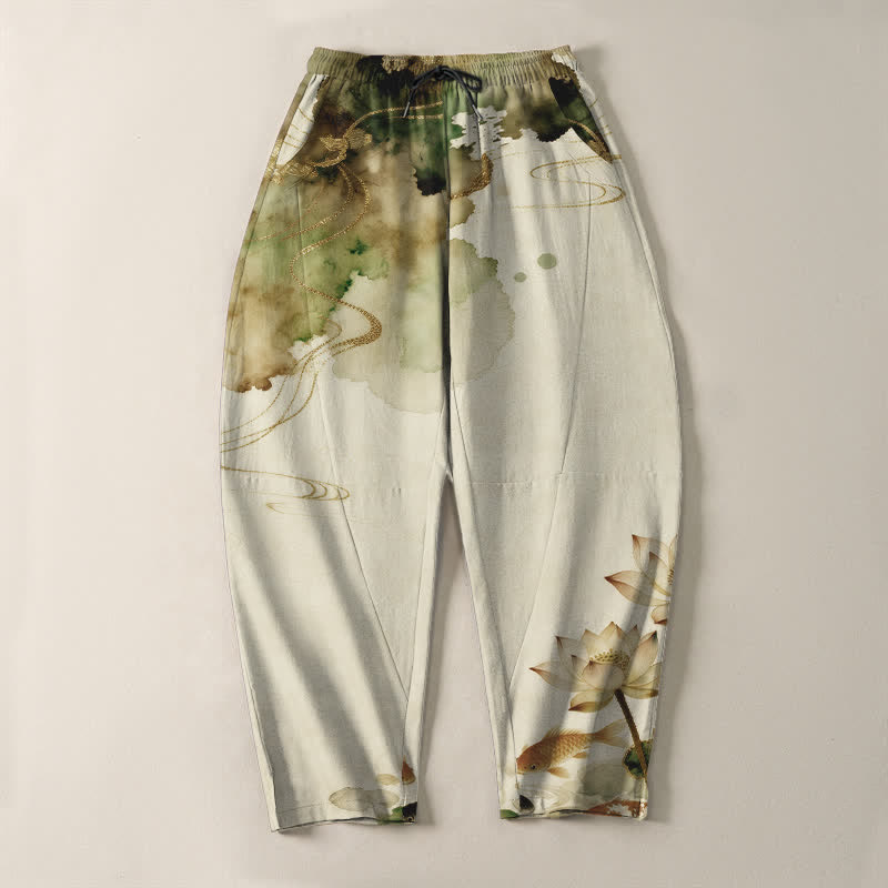 Buddha Stones Pantalones de hombre de algodón puro con estampado Lotus Koi Ink Wash, cordón ajustable y corte cónico, con bolsillos. - image 9