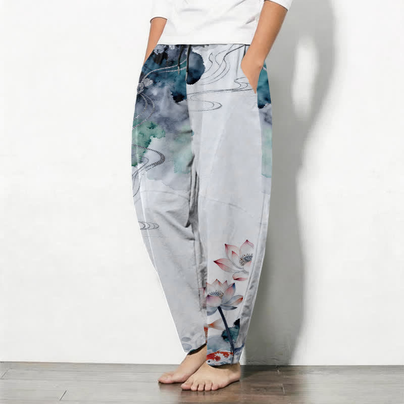 Buddha Stones Pantalones de hombre de algodón puro con estampado Lotus Koi Ink Wash, cordón ajustable y corte cónico, con bolsillos. - image 12