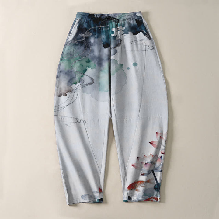 Buddha Stones Pantalones de hombre de algodón puro con estampado Lotus Koi Ink Wash, cordón ajustable y corte cónico, con bolsillos. - image 13