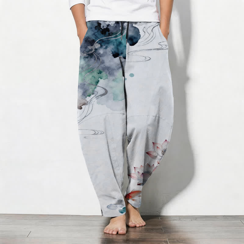 Buddha Stones Pantalones de hombre de algodón puro con estampado Lotus Koi Ink Wash, cordón ajustable y corte cónico, con bolsillos. - AliciaAzul - US/UK/AU50, EU60 (5XL) - image 11