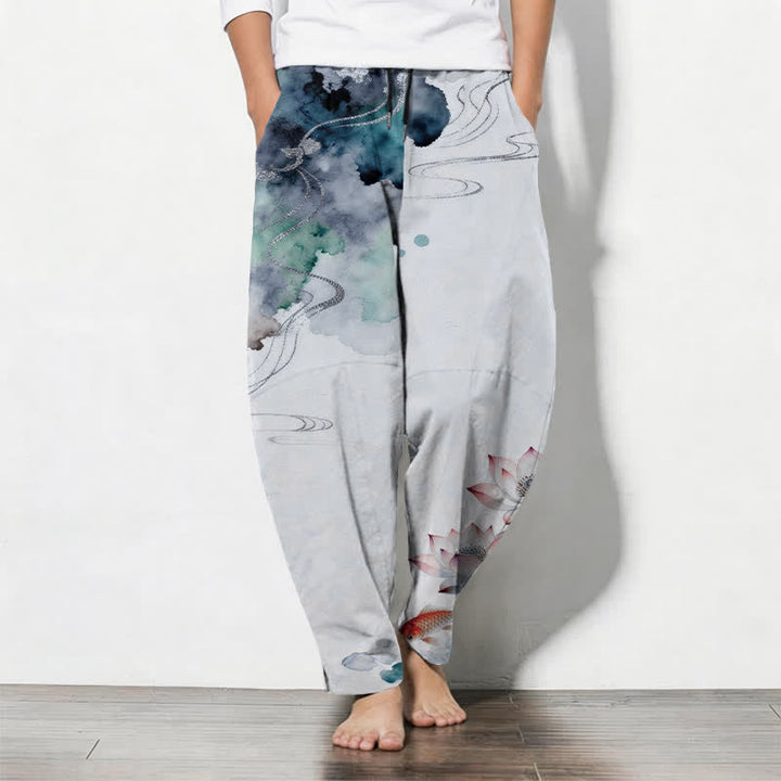 Buddha Stones Pantalones de hombre de algodón puro con estampado Lotus Koi Ink Wash, cordón ajustable y corte cónico, con bolsillos. - AliciaAzul - US/UK/AU50, EU60 (5XL) - image 11