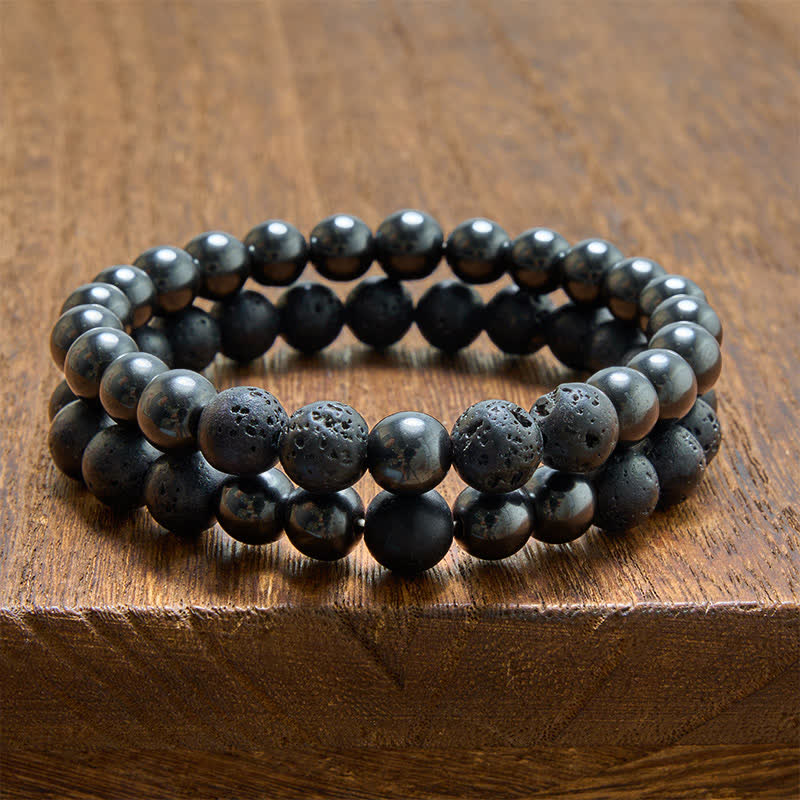 Buddha Stones Pulsera minimalista de cuentas con diseño de roca volcánica de hematita - Conjunto de hematita (circunferencia de la muñeca: 15-16 cm) - image 0