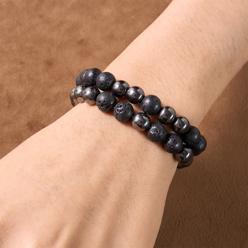 Buddha Stones Pulsera minimalista de cuentas con diseño de roca volcánica de hematita - image 4