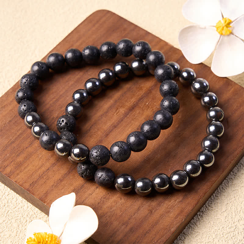 Buddha Stones Pulsera minimalista de cuentas con diseño de roca volcánica de hematita - image 1