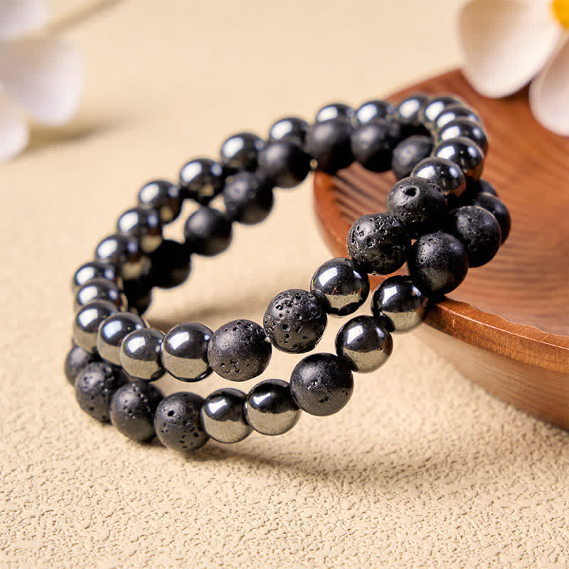 Buddha Stones Pulsera minimalista de cuentas con diseño de roca volcánica de hematita - image 2