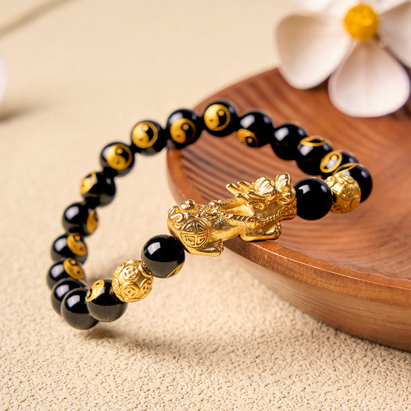 Buddha Stones Pulsera de la riqueza con cuentas de Pi Xiu de cobre y ónix negro - image 1
