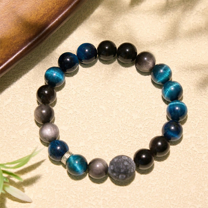Buddha Stones Pulsera de pareja con brillo plateado y efecto positivo de obsidiana ojo de tigre azul - image 2