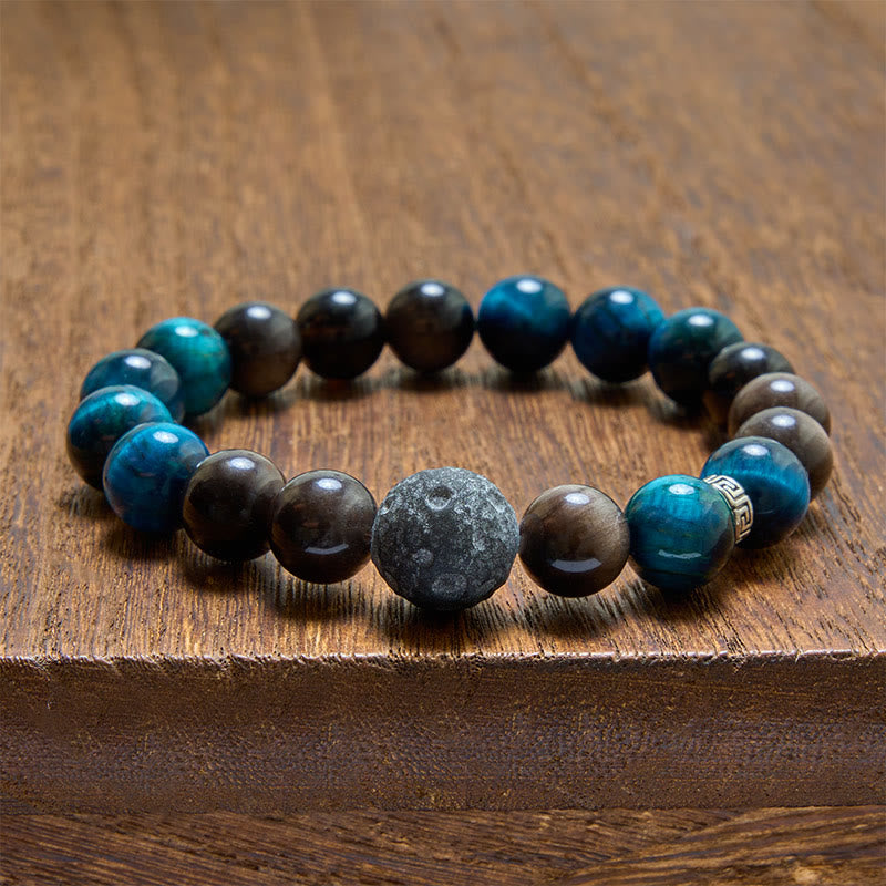 Buddha Stones Pulsera de pareja con brillo plateado y efecto positivo de obsidiana ojo de tigre azul - image 3