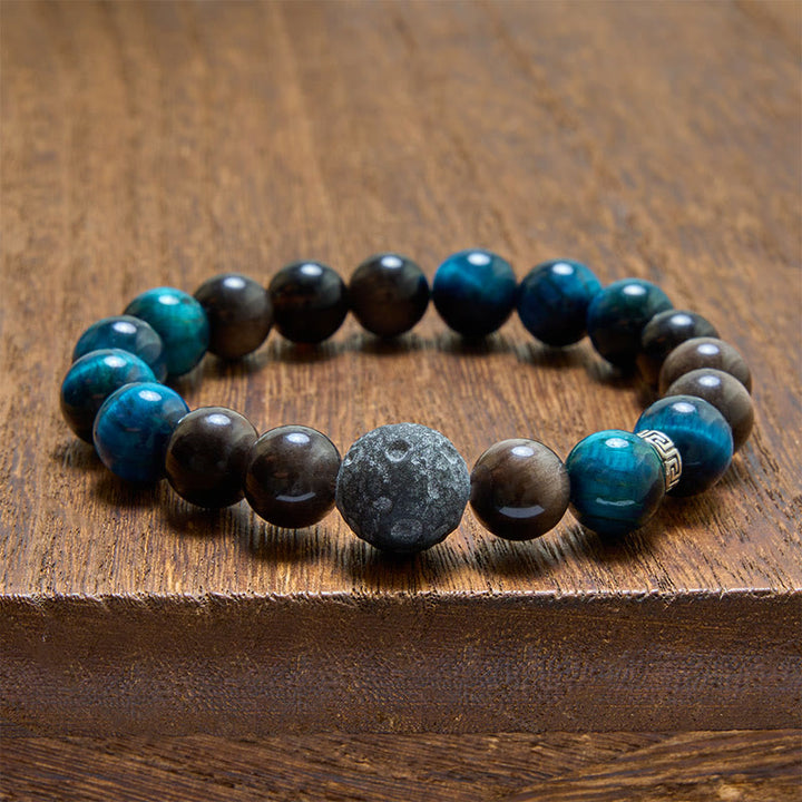 Buddha Stones Pulsera de pareja con brillo plateado y efecto positivo de obsidiana ojo de tigre azul - image 3