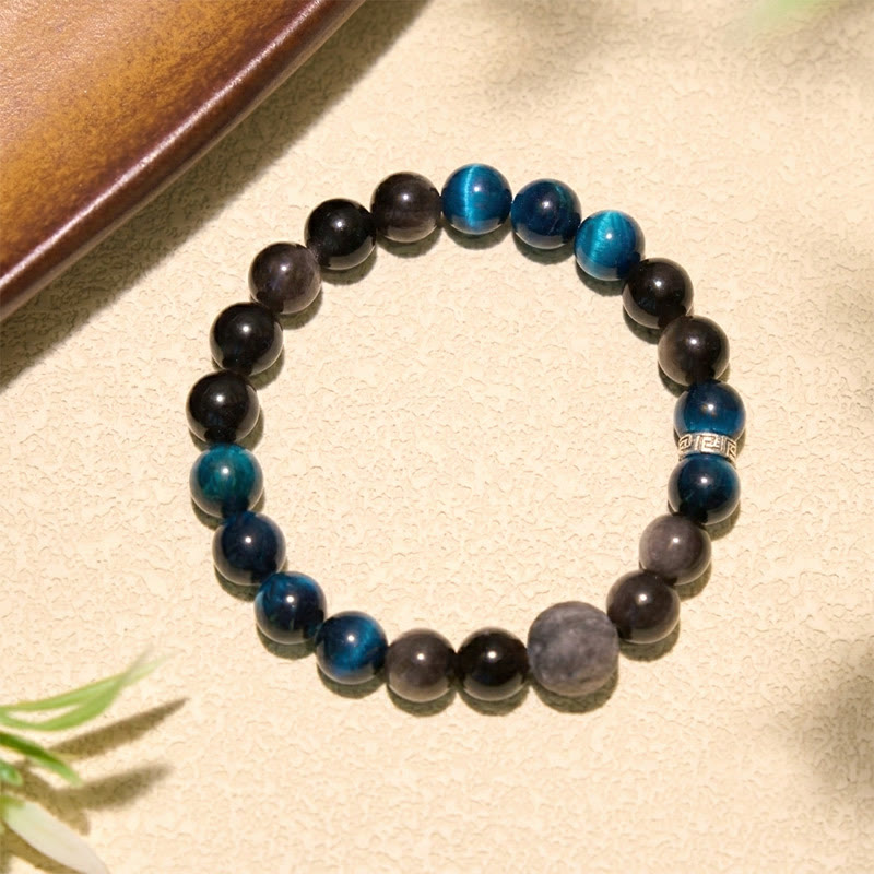 Buddha Stones Pulsera de pareja con brillo plateado y efecto positivo de obsidiana ojo de tigre azul - image 10