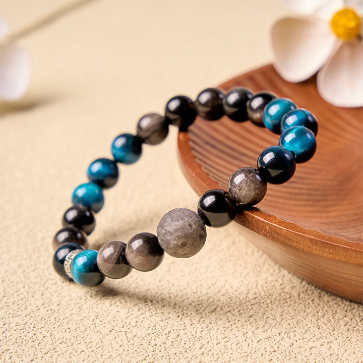 Buddha Stones Pulsera de pareja con brillo plateado y efecto positivo de obsidiana ojo de tigre azul - 8 mm - image 8