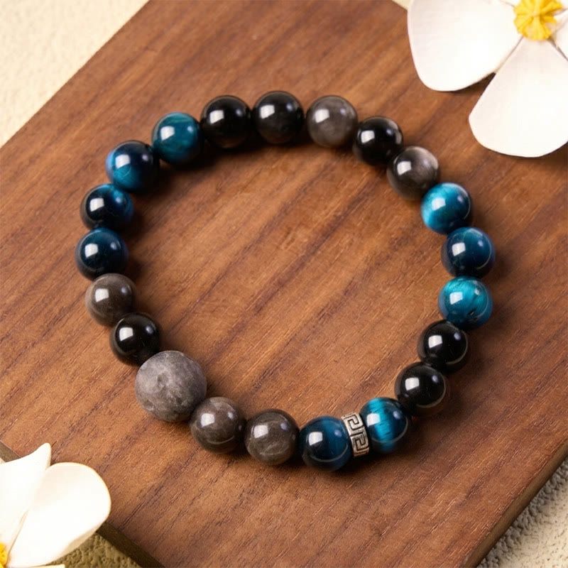 Buddha Stones Pulsera de pareja con brillo plateado y efecto positivo de obsidiana ojo de tigre azul - image 9