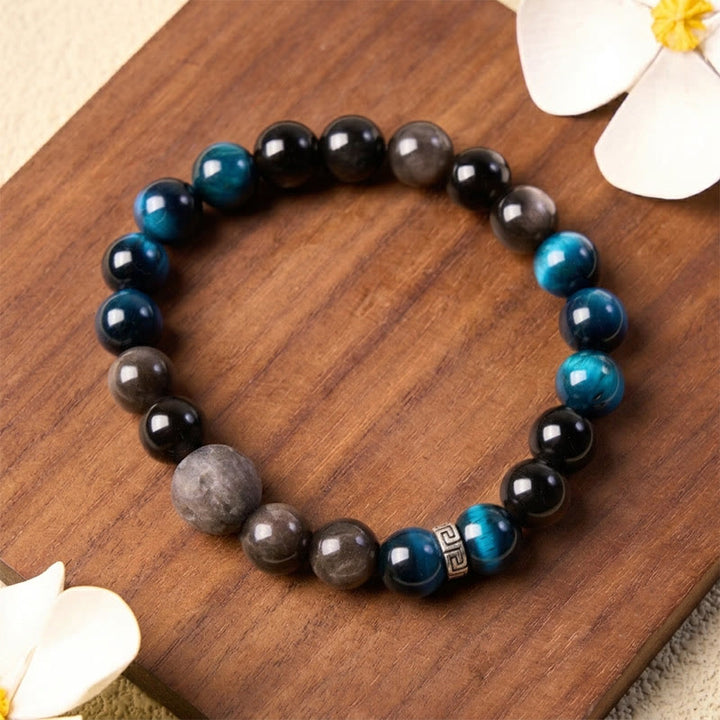 Buddha Stones Pulsera de pareja con brillo plateado y efecto positivo de obsidiana ojo de tigre azul - image 9