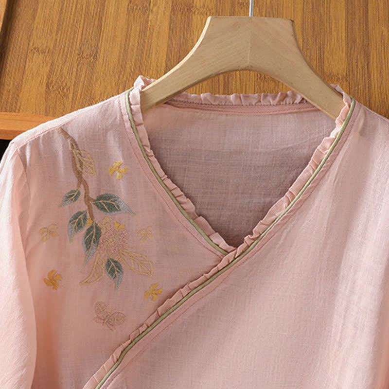 Buddha Stones Camisas de manga tres cuartos para mujer estilo Summer Tang con bordado floral vintage y hojas. - image 6