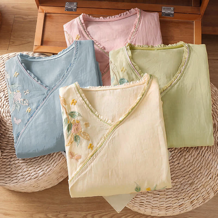 Buddha Stones Camisas de manga tres cuartos para mujer estilo Summer Tang con bordado floral vintage y hojas. - image 26