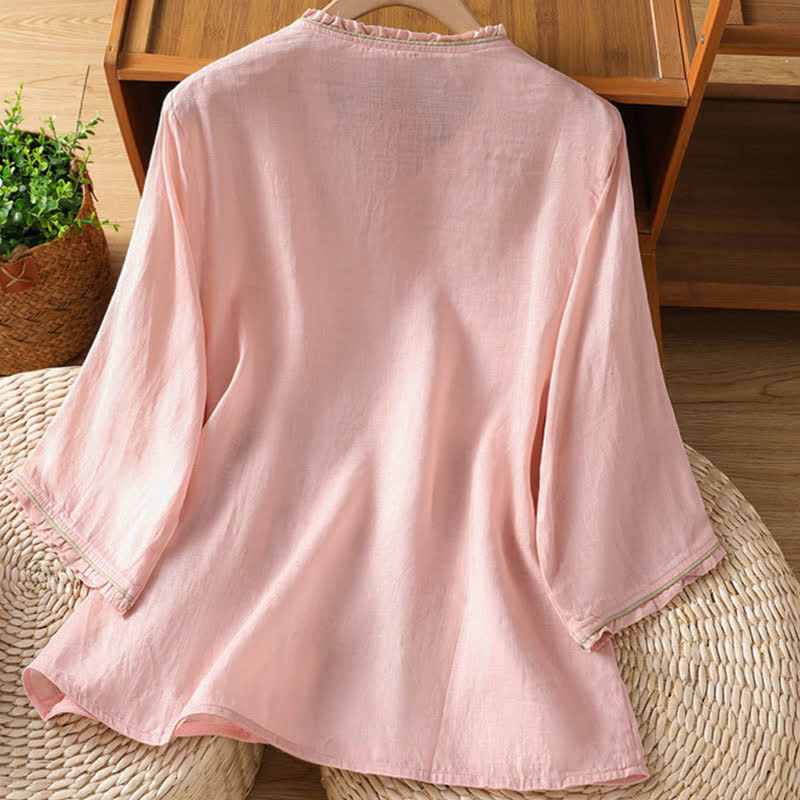 Buddha Stones Camisas de manga tres cuartos para mujer estilo Summer Tang con bordado floral vintage y hojas. - image 5