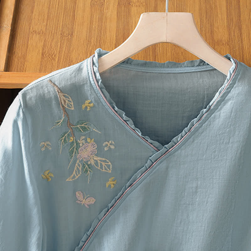 Buddha Stones Camisas de manga tres cuartos para mujer estilo Summer Tang con bordado floral vintage y hojas. - image 20
