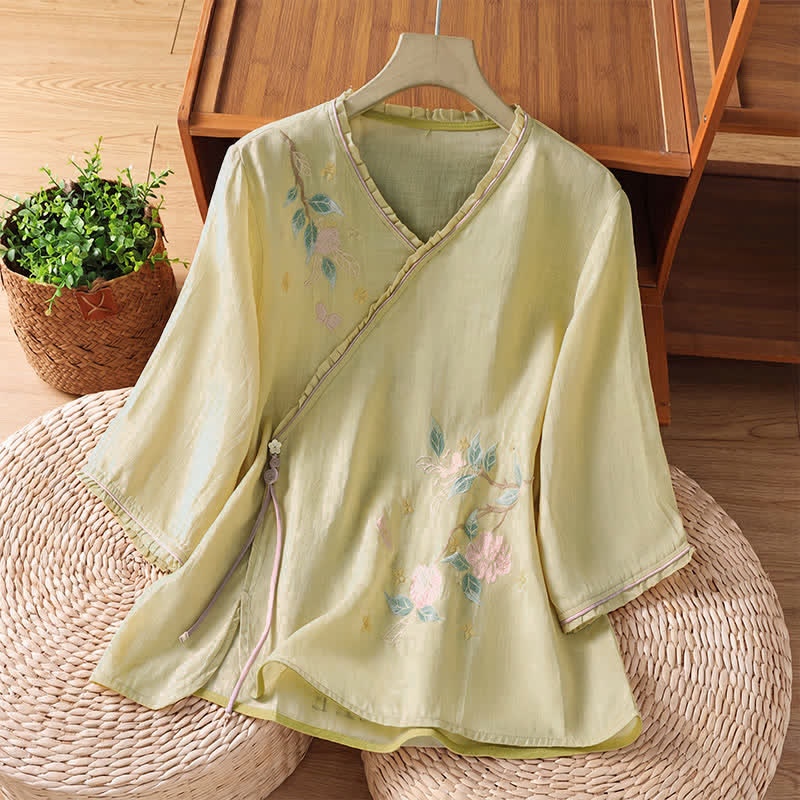 Buddha Stones Camisas de manga tres cuartos para mujer estilo Summer Tang con bordado floral vintage y hojas. - vara de oro pálida - US8-10, UK/AU12-14, EU40-42 (2XL) - image 12