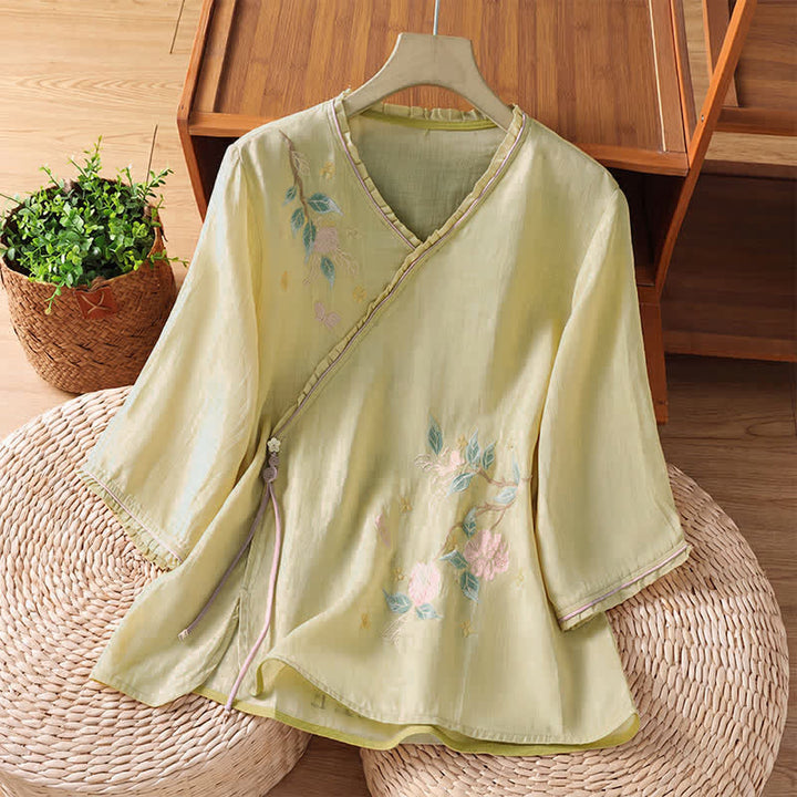 Buddha Stones Camisas de manga tres cuartos para mujer estilo Summer Tang con bordado floral vintage y hojas. - vara de oro pálida - US8-10, UK/AU12-14, EU40-42 (2XL) - image 12
