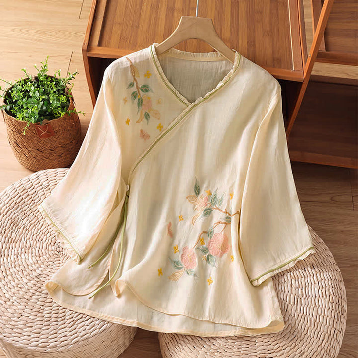 Buddha Stones Camisas de manga tres cuartos para mujer estilo Summer Tang con bordado floral vintage y hojas. - Beige - US8-10, UK/AU12-14, EU40-42 (2XL) - image 0