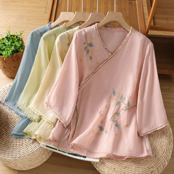 Buddha Stones Camisas de manga tres cuartos para mujer estilo Summer Tang con bordado floral vintage y hojas. - image 25