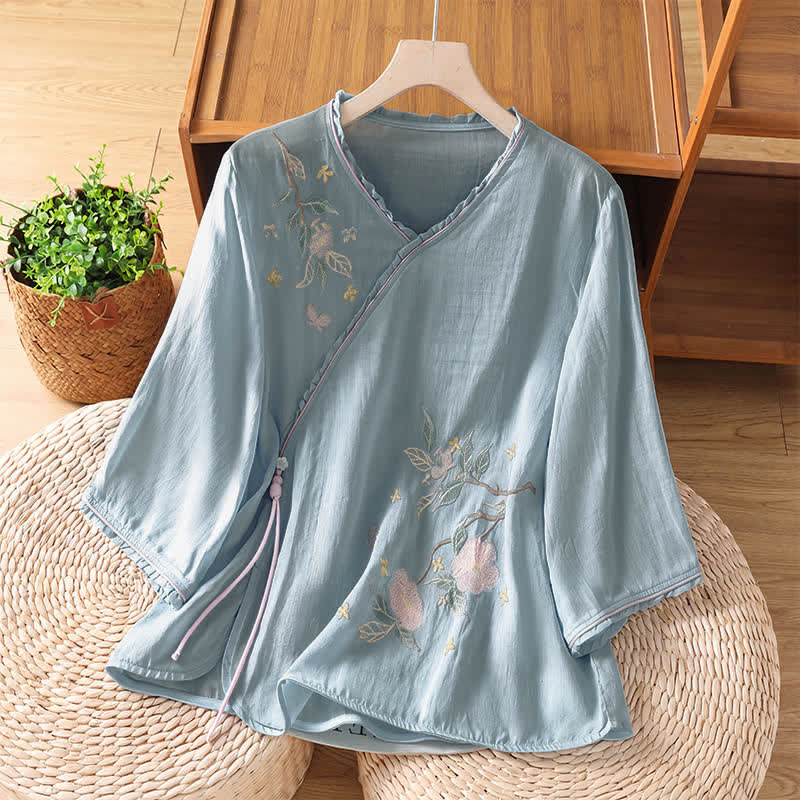 Buddha Stones Camisas de manga tres cuartos para mujer estilo Summer Tang con bordado floral vintage y hojas. - Azul claro - US8-10, UK/AU12-14, EU40-42 (2XL) - image 18