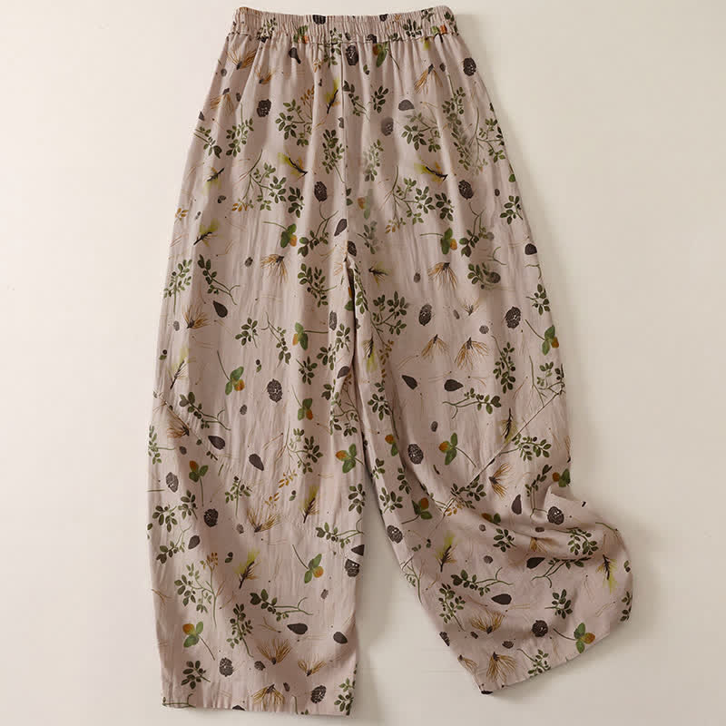 Buddha Stones Pantalones cortos de estilo bohemio con cordón ajustable y estampado floral de hojas, ideales para primavera y verano. Pantalones harem para mujer con bolsillos. - Broncearse - US8-10, UK/AU12-14, EU40-42 (2XL) - image 0